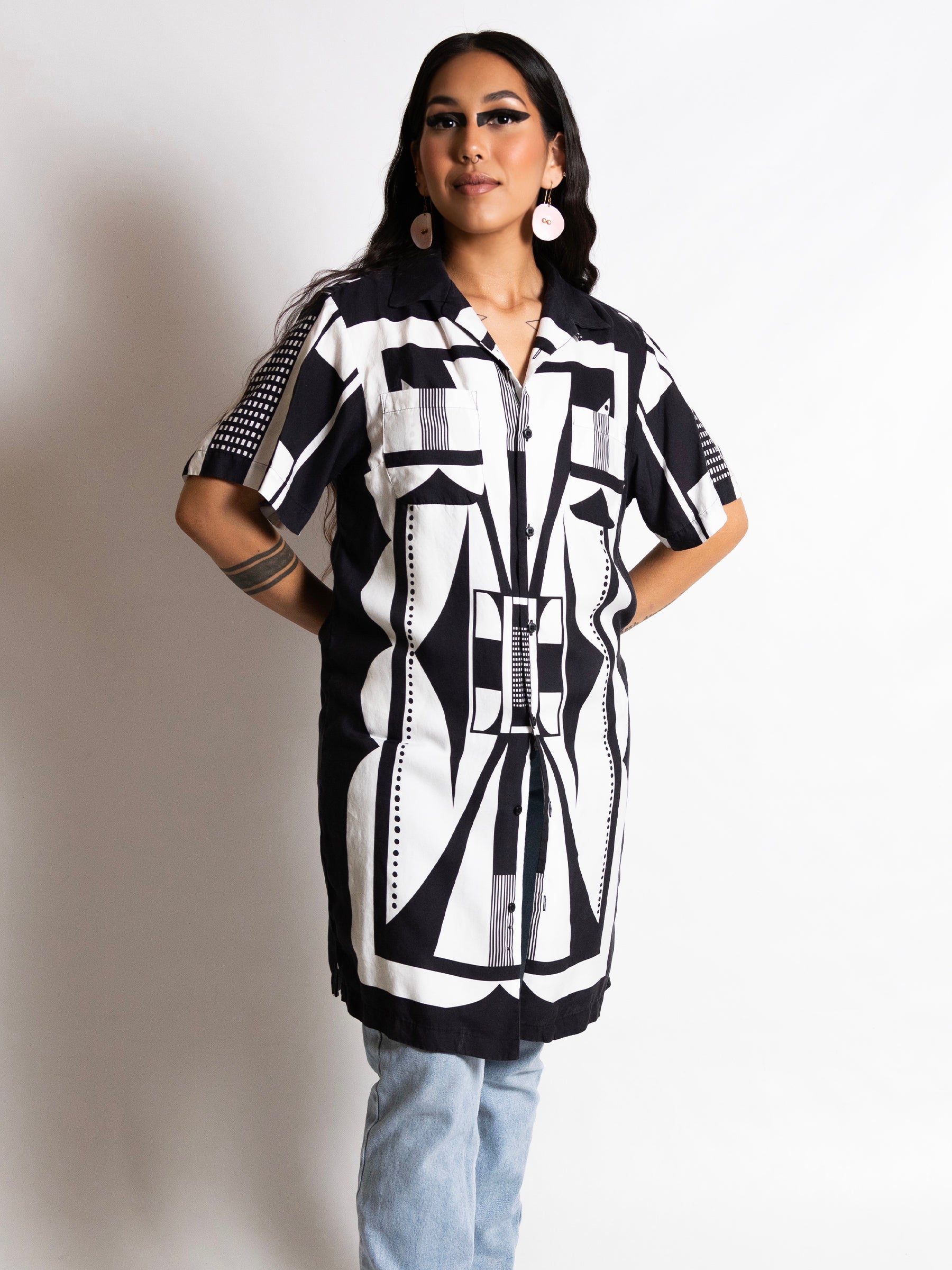 Shirt Dress - B/W bowler dress/top in Light Weight Tencel