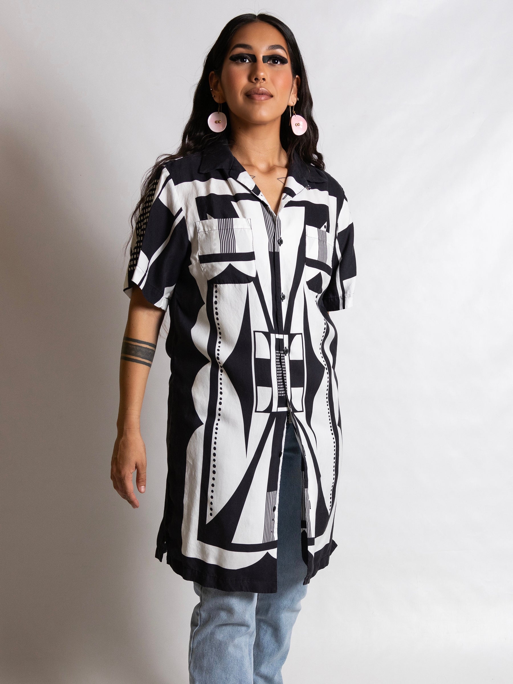 Shirt Dress - B/W bowler dress/top in Light Weight Tencel