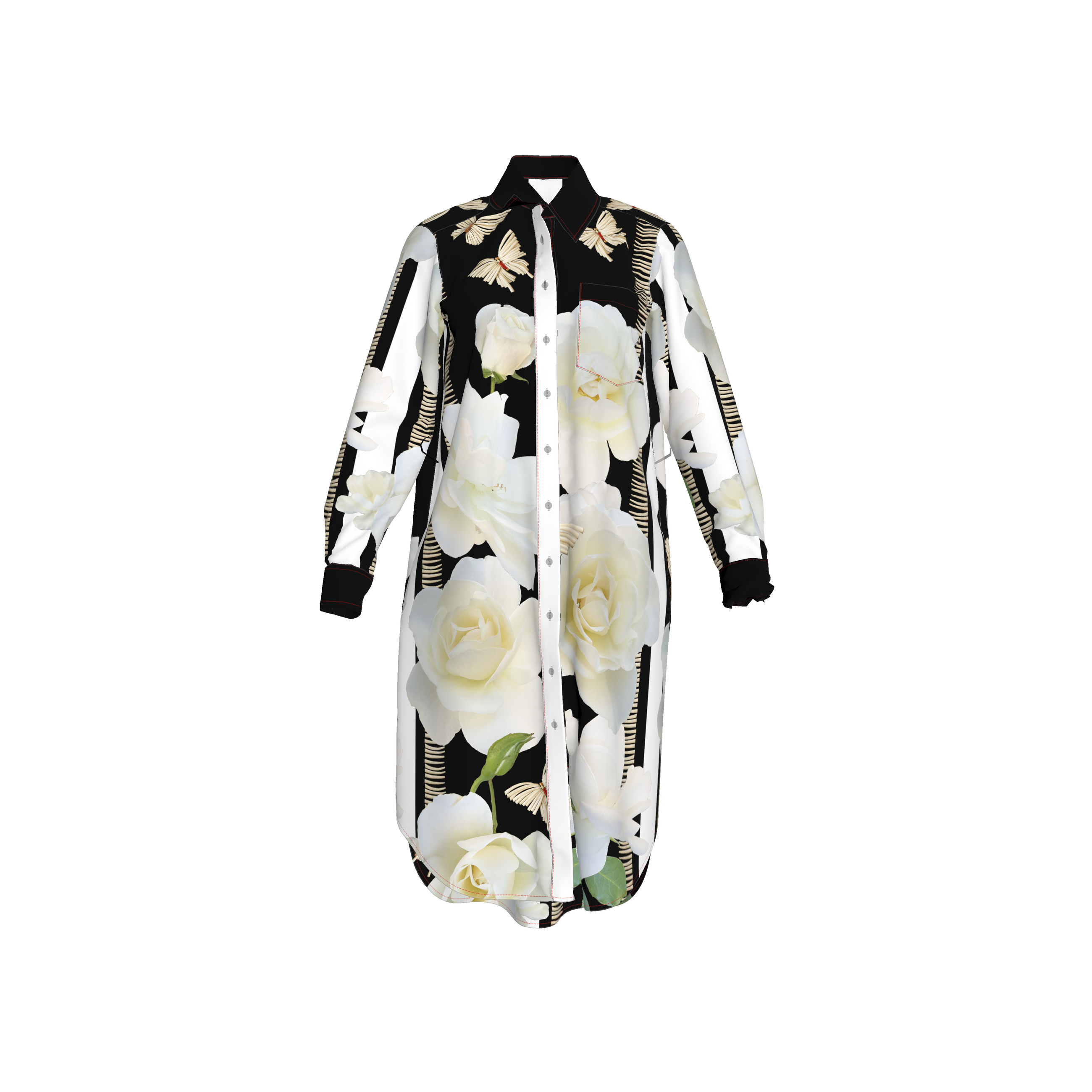 White Studio Rose and Dentalium Butterflies in Silk