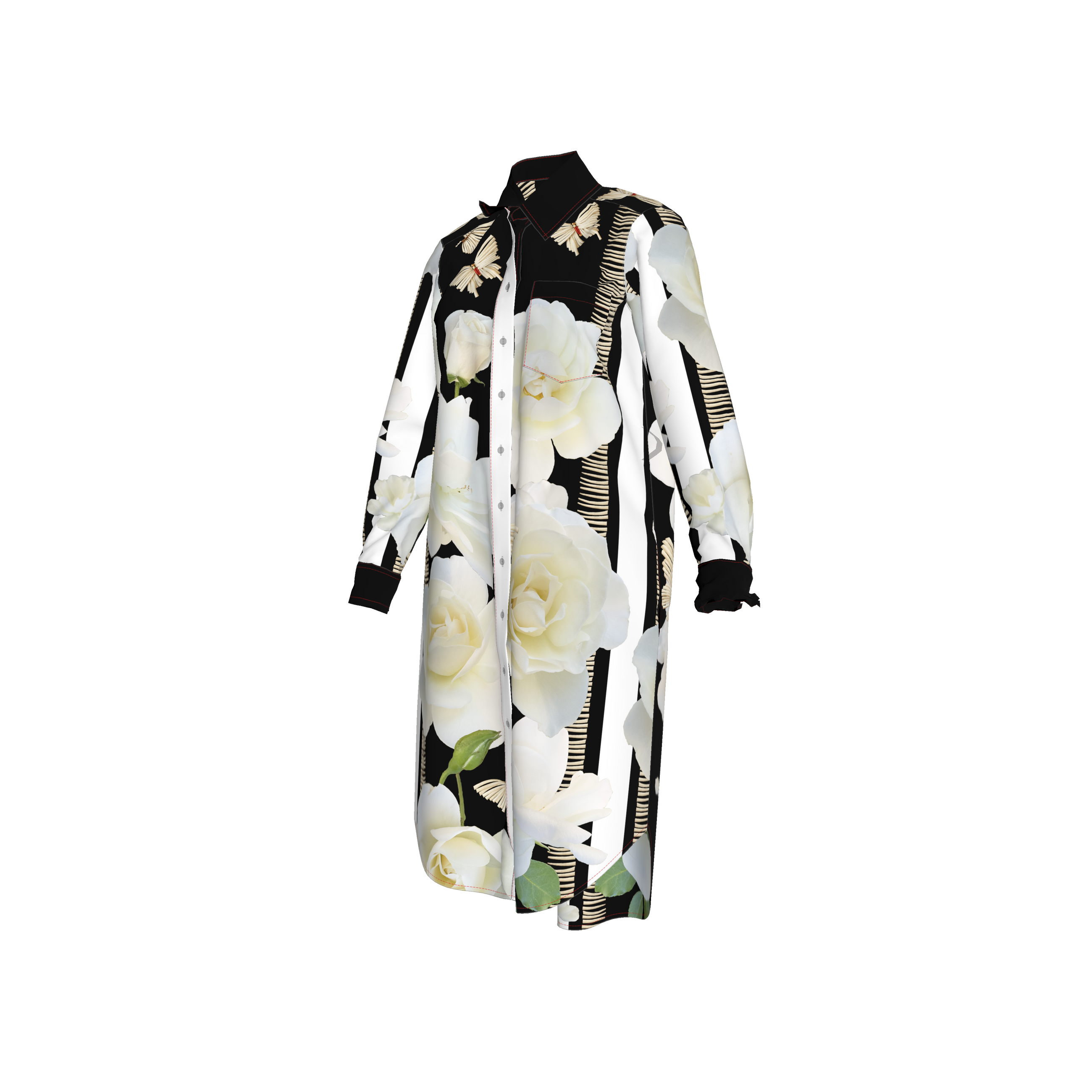 White Studio Rose and Dentalium Butterflies in Silk